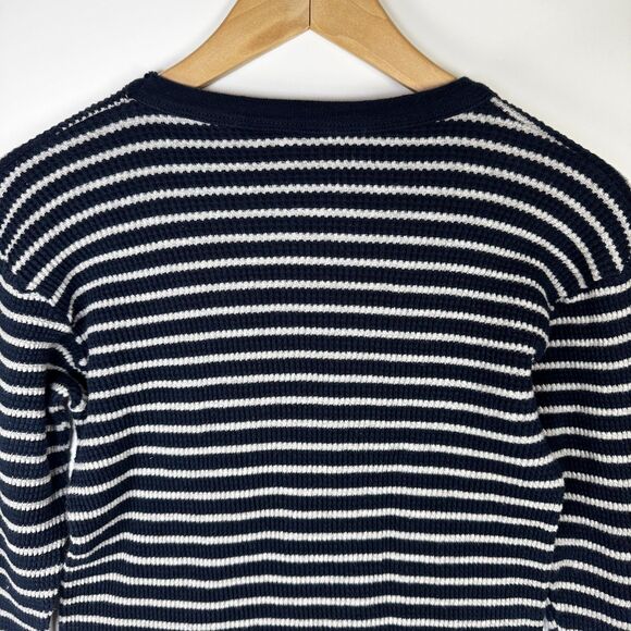 Knotty Woodpecker Farm Knit Thermal Womens Medium Blue Cream Striped Made in USA - Picture 5 of 10